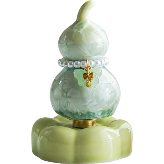 Ceramic Calabash Statue with Rotating Base, Feng Shui Good Luck Gourd for Home Office Desktop Decor