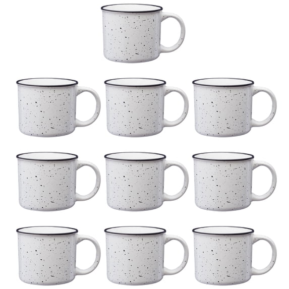 Ceramic Campfire Mug 13 oz. Set of 10, Bulk Pack - Speckled Camping Tea Cups - White