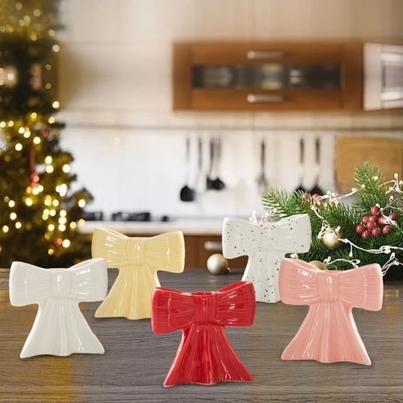 Ceramic Candle Holder Verdsylv Hand-Painted Ceramic Bow Scented Candle Holder Gift Set, Includes Vanilla Scented Candle for Christmas Mantel, Dining Table, and Bathroom Decor, Vanilla Scented Candle