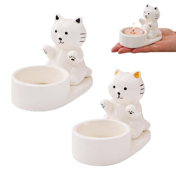 Ceramic Candle Stand for Home Decor, White, 9.9x5.8x7.3cm, Adorable Cat Design