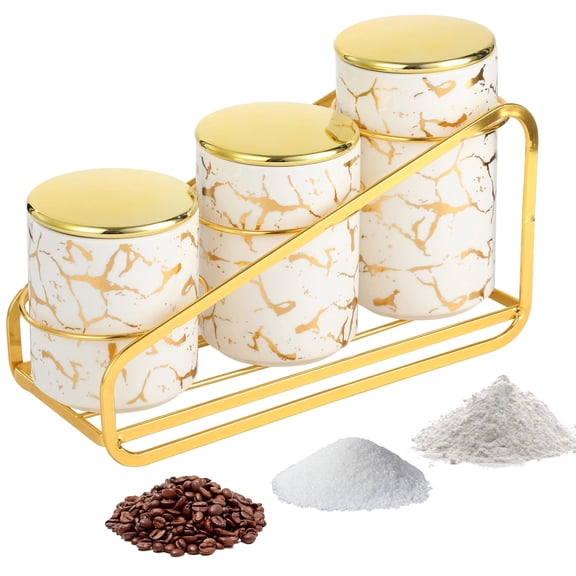 Ceramic Canister Set of 3, Kitchen Countertop Storage Jars with Metal Stand, White Sugar Containers with Gold Lids for Coffee Beans, Tea, Flour, Snacks