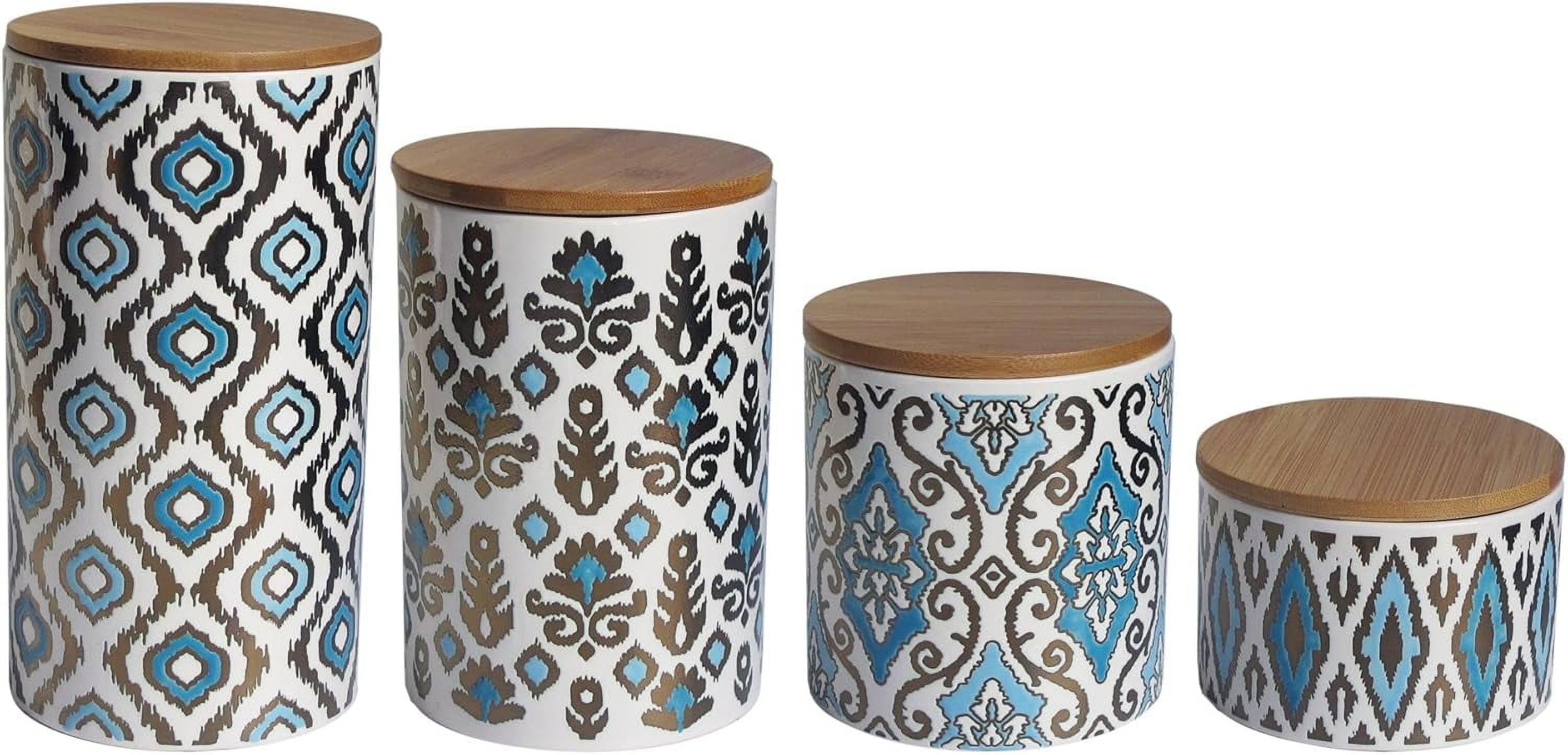 Blue and Gold Geometric Ceramic Canister Set with Wooden Lids