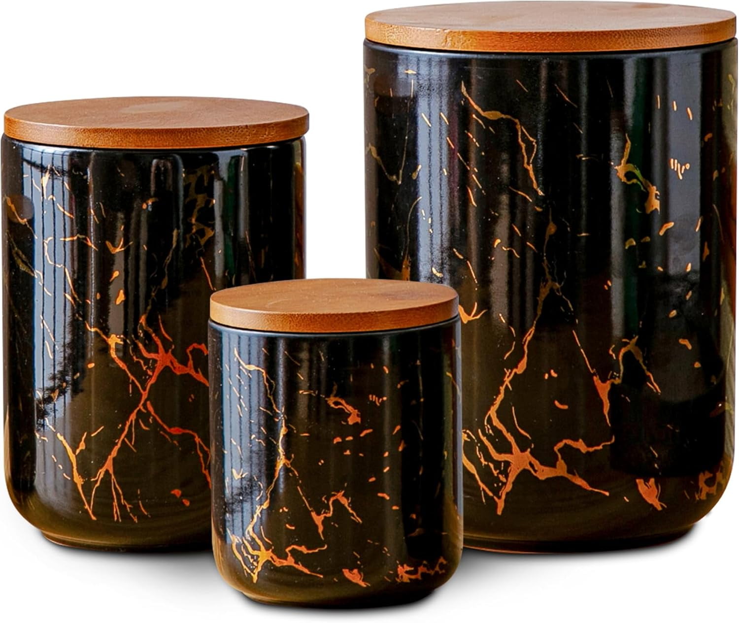 Ceramic Canister Set with Bamboo Airtight Lids, 3-Piece Kitchen Storage Jars (48oz, 30oz, 12oz) – White with Gold Marble Pattern, Glossy Finish, for Coffee, Sugar, Flour & More