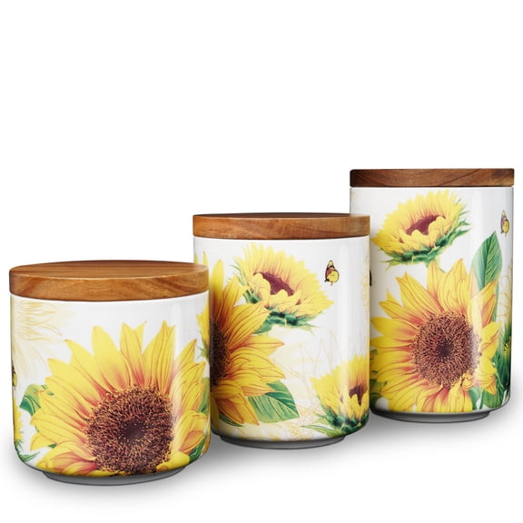 Ceramic Canister Set of 3 with Lids White Sunflower Kitchen Canisters for Counter, Airtight Food Storage Jars for Coffee Sugar Flour Tea