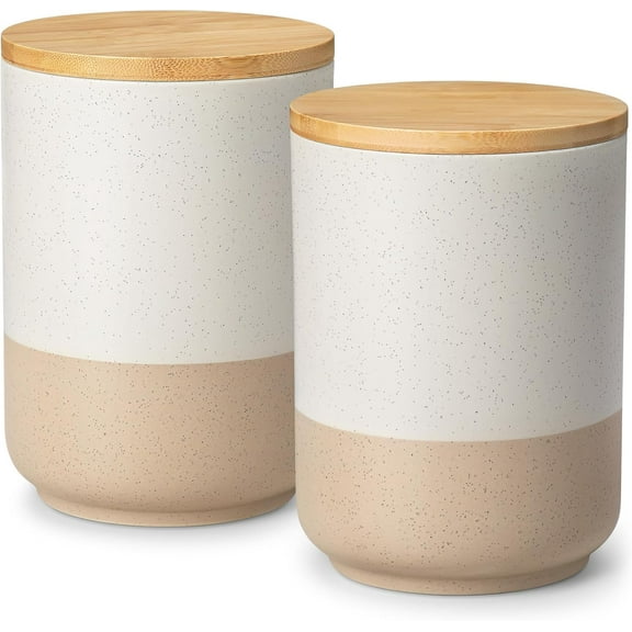 Ceramic Kitchen Food Storage Jars with Sealed Wooden Lids for Flour, Sugar, Coffee, Tea and Spices - Countertop Jars