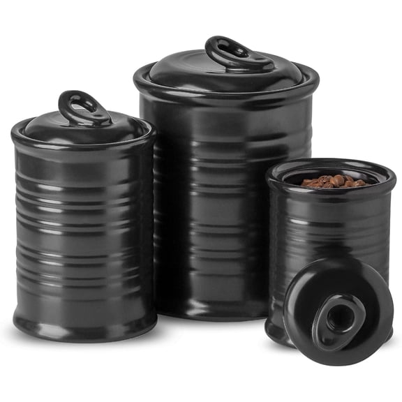 Ceramic Canisters for The Kitchen: Food Storage Containers with Air Tight Ceramic Lid for Flour/Sugar/Rice/Coffee/Cookies/Candy - Set of 3 （Matte Black）