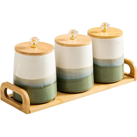 Ceramic Canisters Set with Airtight Lids, 22 oz Coffee Canisters Sets for the Kitchen, Large Jars for Flour, Sugar, Pasta, Coffee, Cookies, Tea - Set of 3 - Green and White