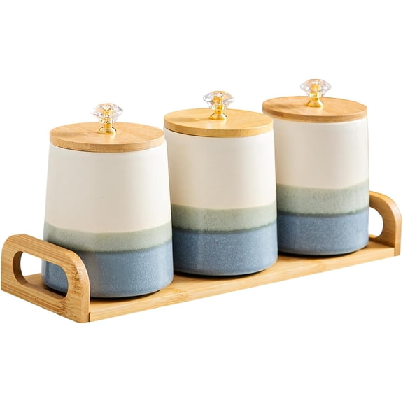 Ceramic Canisters Set with Airtight Lids, 22oz Coffee Canisters Sets for the Kitchen, Large Jars for Flour, Sugar, Pasta, Coffee, Cookies, Tea - Set of 3 - Blue and White