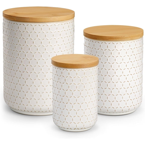 Ceramic Canisters Set with Airtight Lids, 80/40/20 oz Coffee Canisters Sets for the Kitchen, Large Jars for Flour, Sugar, Pasta, Coffee, Cookies, Tea - Set of 3, Hexagon