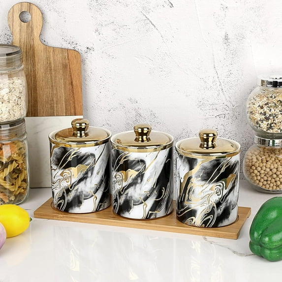 Ceramic Canisters Set with Marble Design for Tea, Coffee, Sugar Storage - Decorative Kitchen Jars with Lid