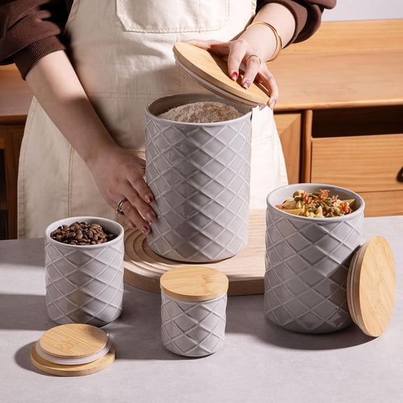 Ceramic Canisters Sets for Kitchen Countertop, Relief Food Storage Jar with Bamboo Lid, Stackable Container for Flour, Coffee, Pasta, Cereal, Tea, Cookies, Sugar, Spices, Pack of 4 (Gray)