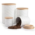 thumbnail image 1 of Ceramic Canisters Sets for Kitchen Countertop, Relief Food Storage Jar with Bamboo Lid, Stackable Container for Flour, Coffee, Pasta, Cereal, Tea, Cookies, Sugar, Spices, Pack of 4 (White), 1 of 7