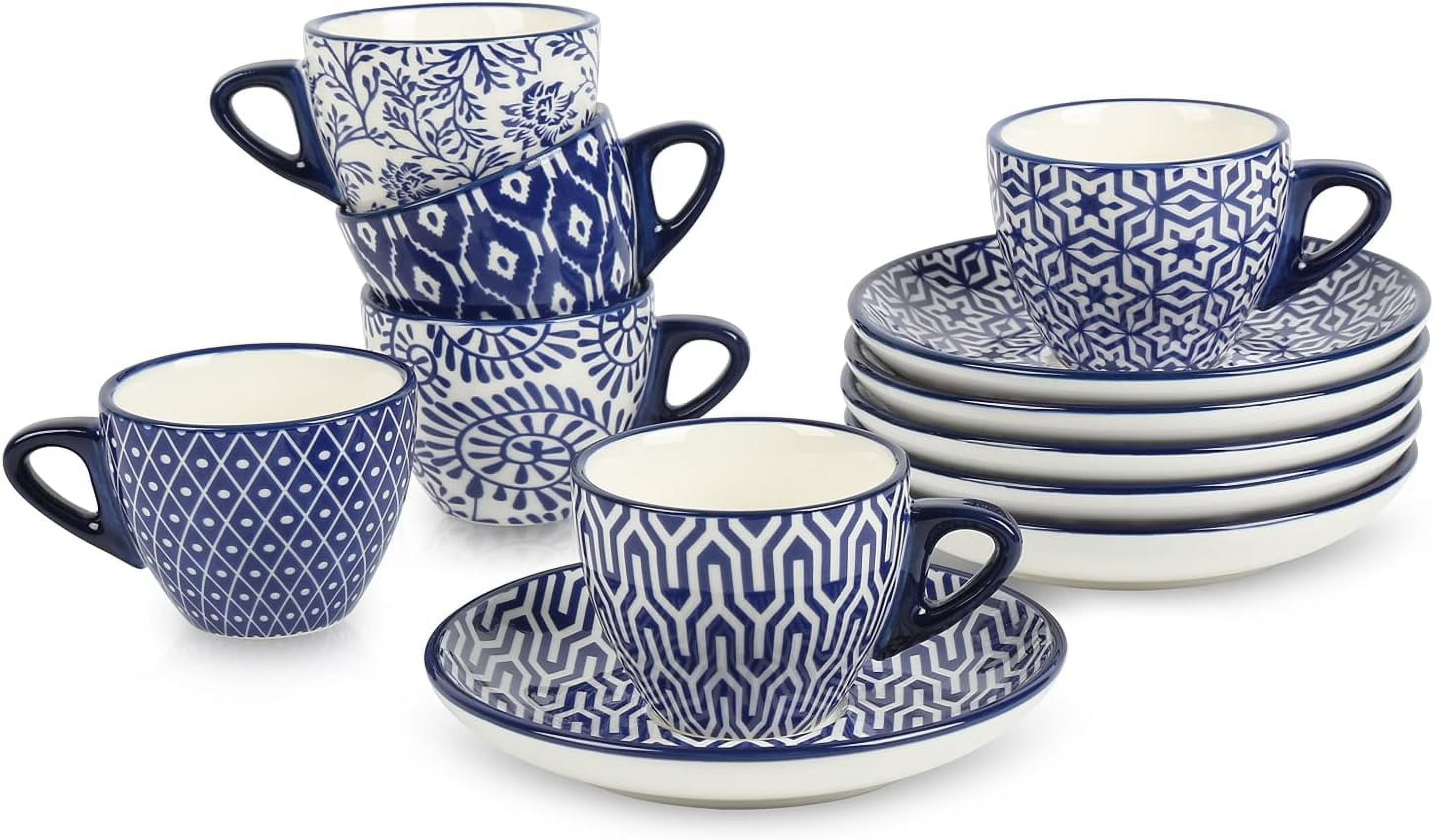 Mug Set MIAMIO 6-Piece Ceramic - 6oz Stackable Mugs With Saucers & Stand  Cappuccino Cups Set