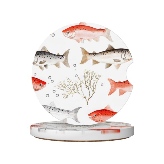Ceramic Car Coasters 2 Pcs 2.56in Absorbent Cup Holder Coaster With Cork Bottom For Car Truck Suv Boat Cute Coho Salmon Fishes