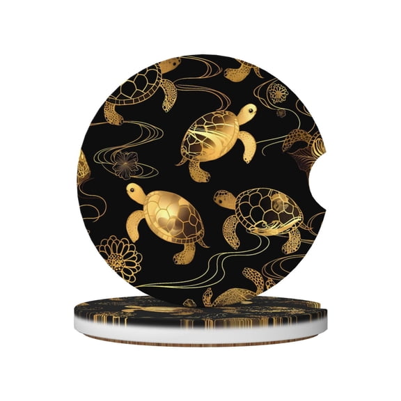 Ceramic Car Coasters 2 Pcs 2.56in Absorbent Cup Holder Coaster With Cork Bottom For Car Truck Suv Boat Golden Sea Turtle