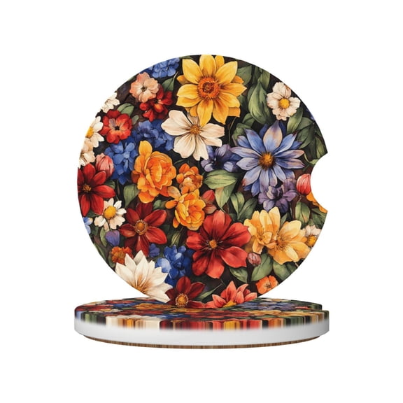 Ceramic Car Coasters 2 Pcs 2.56in Absorbent Cup Holder Coaster With Cork Bottom For Car Truck Suv Boat Groovy Flowers (2)
