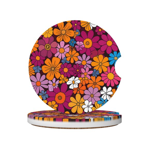 Ceramic Car Coasters 2 Pcs 2.56in Absorbent Cup Holder Coaster With Cork Bottom For Car Truck Suv Boat Groovy Flowers (8)
