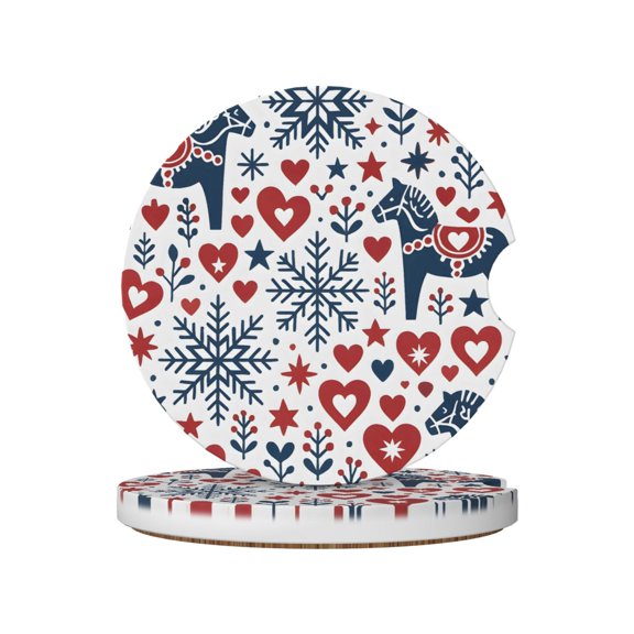 Ceramic Car Coasters 2 Pcs 2.56in Absorbent Cup Holder Coaster With Cork Bottom For Car Truck Suv Boat Nordic Folk Art Christmas Pattern