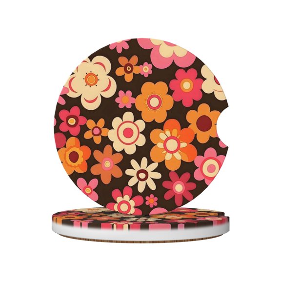 Ceramic Car Coasters 2 Pcs 2.56in Absorbent Cup Holder Coaster With Cork Bottom For Car Truck Suv Boat Retro Groovy Flowers Pattern (10)