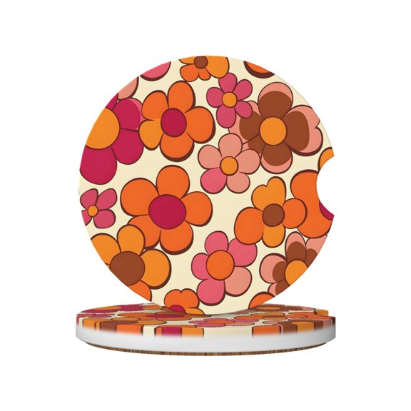 Ceramic Car Coasters 2 Pcs 2.56in Absorbent Cup Holder Coaster With Cork Bottom For Car Truck Suv Boat Retro Groovy Flowers Pattern (12)