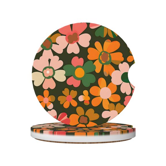 Ceramic Car Coasters 2 Pcs 2.56in Absorbent Cup Holder Coaster With Cork Bottom For Car Truck Suv Boat Retro Groovy Flowers Pattern (1)