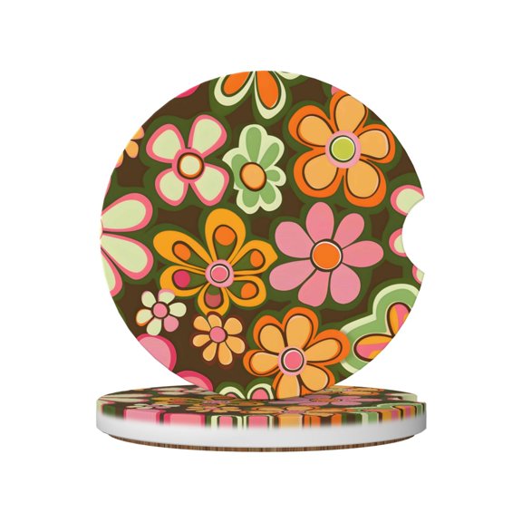 Ceramic Car Coasters 2 Pcs 2.56in Absorbent Cup Holder Coaster With Cork Bottom For Car Truck Suv Boat Retro Groovy Flowers Pattern (2)