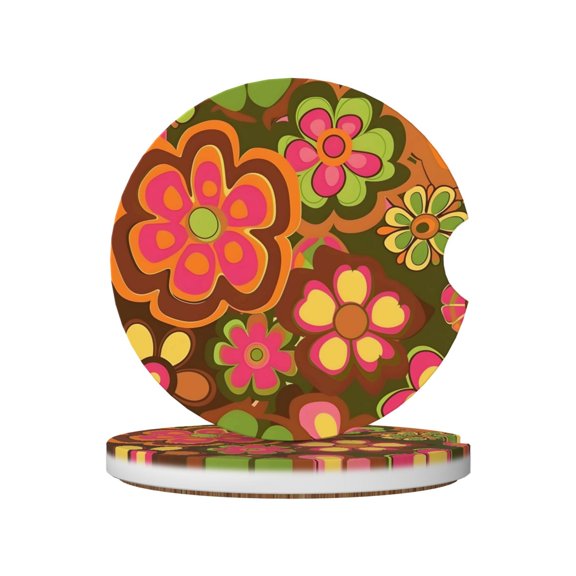 Ceramic Car Coasters 2 Pcs 2.56in Absorbent Cup Holder Coaster With Cork Bottom For Car Truck Suv Boat Retro Groovy Flowers Pattern (4)