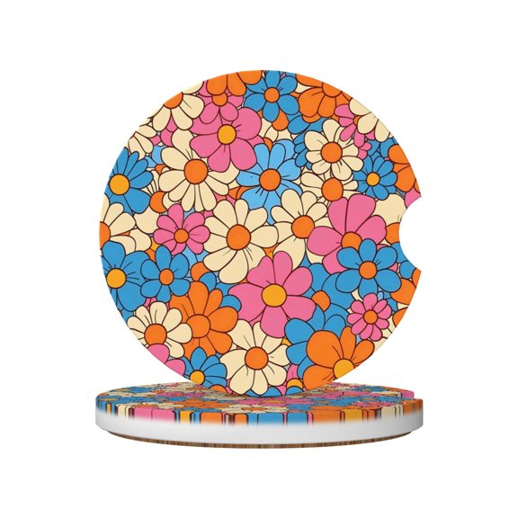 Ceramic Car Coasters 2 Pcs 2.56in Absorbent Cup Holder Coaster With Cork Bottom For Car Truck Suv Boat Retro Groovy Flowers Pattern (5)