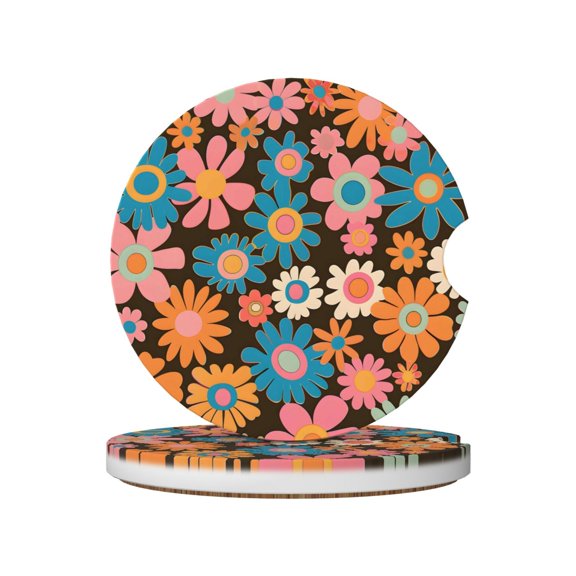 Ceramic Car Coasters 2 Pcs 2.56in Absorbent Cup Holder Coaster With Cork Bottom For Car Truck Suv Boat Retro Groovy Flowers Pattern (6)