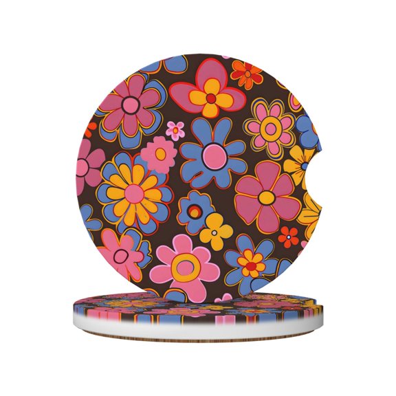 Ceramic Car Coasters 2 Pcs 2.56in Absorbent Cup Holder Coaster With Cork Bottom For Car Truck Suv Boat Retro Groovy Flowers Pattern (7)