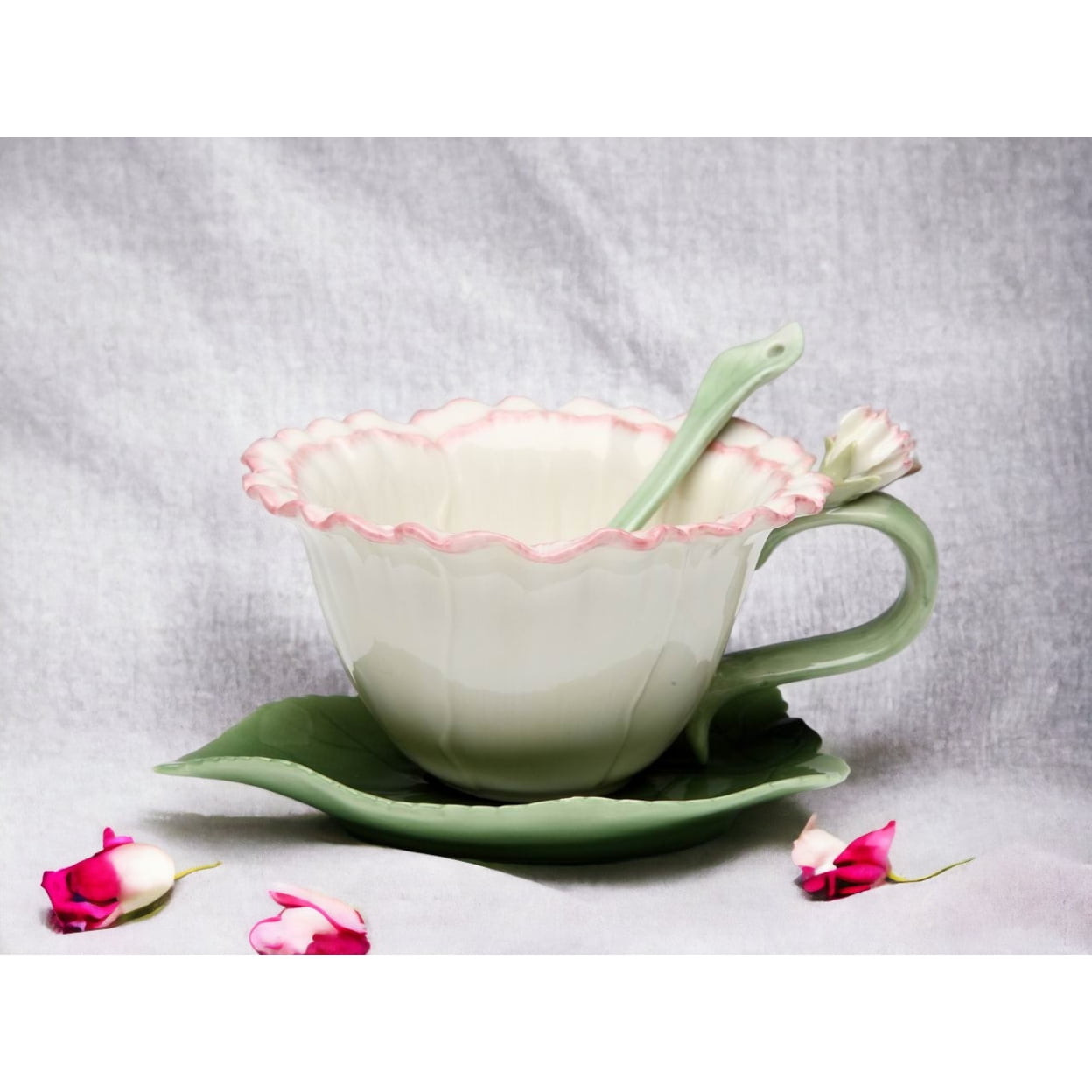 White and Green Ceramic Flower Cup and Saucer Set with Spoon