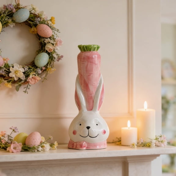 Ceramic Carrot Rabbit Vase, Small Neck Vases, Novel And Lovely Unique Shape Rose Vase, Easter Decor, Pink 8.4"