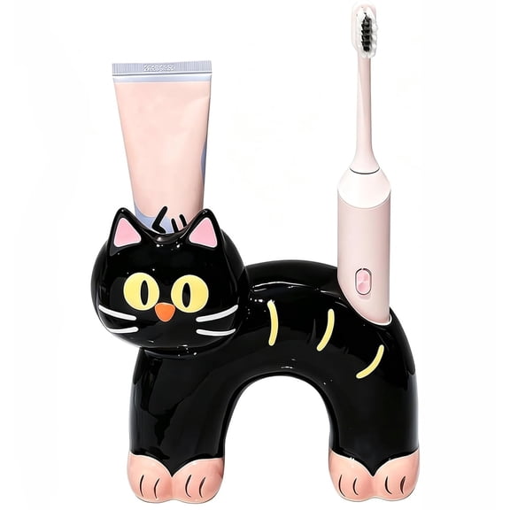 Ceramic Cartoon Black Cat Toothbrush Holder, Cute Bathroom Counter Organizer Washbasin Stand Base for Couples, 6.5 In