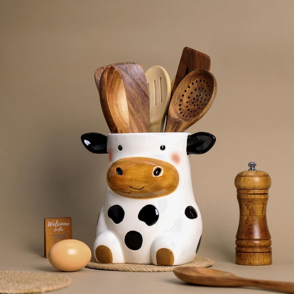 Ceramic Cartoon Cow Kitchen Utensil Holder Large Cooking Spatula Crock for Countertop Decoration