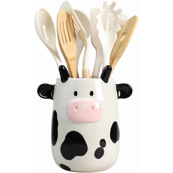 Ceramic Cartoon Cow Shaped Kitchen Utensil Holder, Large Cooking Utensil Crocks, Ceramic Utensil Organizer for Spatula, Kitchen, Home Decoration