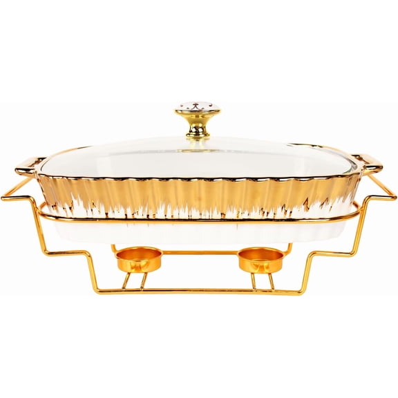 Ceramic Casserole Baking Dish With Glass Lid and golden rack, 14 Inch Lasagna Pan Deep for Oven, 1.6 Quarts Baking Pan with Handles, Oven Safe & Durable Bakeware for Home Decor