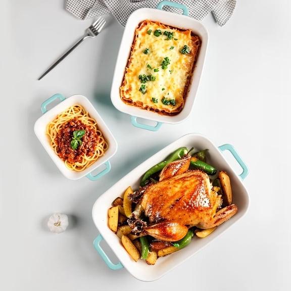 Ceramic Casserole Baking Dish Set, Rectangular Porcelain Bakeware with Handles for Oven, Deep Lasagna Pan for Cooking, Cake & Casseroles, Turquoise