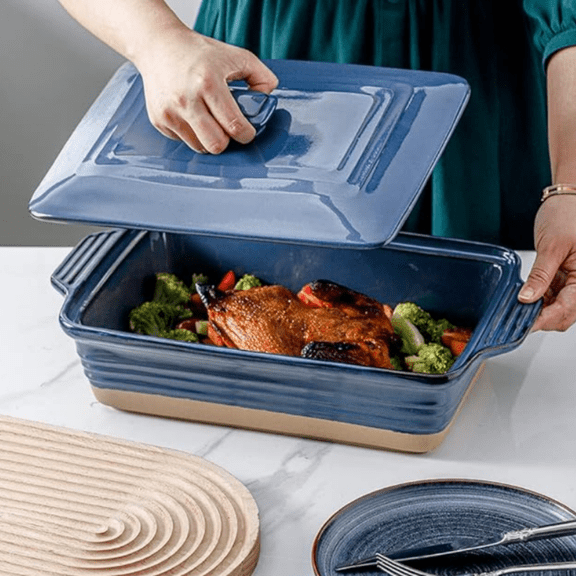 Ceramic Casserole Dish with Lid Oven Safe, 3.5 Quart Large Casserole Dish, Covered Rectangular Casserole Dish Set, 9x13 Casserole Dish, Baking Dishes for Casseroles, Farmhouse Style (Blue)
