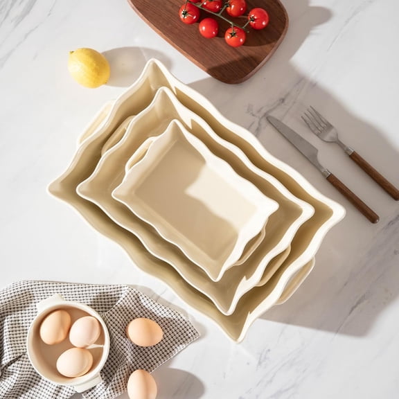 Ceramic Casserole Dish Set of 3 with Handles for Oven Baking, Wave Edge Lasagna Pan Deep Rectangular Bakeware for Cooking Cake Dinner Banquet Daily Use Beige