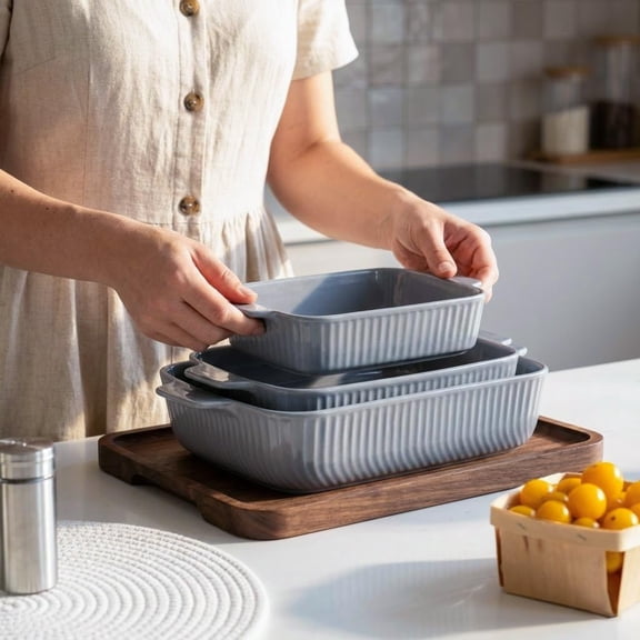 Ceramic Casserole Dish Set of 3, Rectangular Baking Pans with Handles for Oven, Lasagna & Roast Chicken Bakeware, Microwave and Dishwasher Safe, Gray 14.8/12.7/9.8 Inch