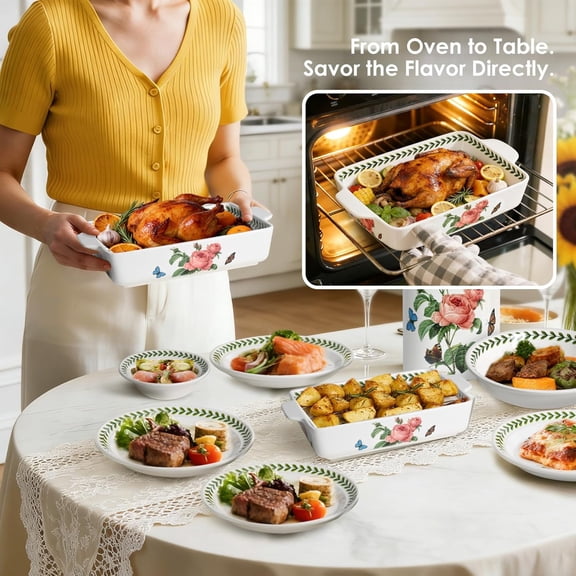 Ceramic Casserole Dish Set with Roasting Rack, Floral Baking Dishes for Oven Lasagna Pan, Large Baking Dish with Handles,  and Oven Safe Pan, Gift Packaging 4 Pcs Set (13"x8"+10.3"x6.3")