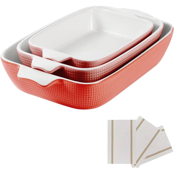 Ceramic Casserole Dish Set of 3, Rectangular Baking Pans for Oven, Lasagna Dish & Bakeware Set, Red