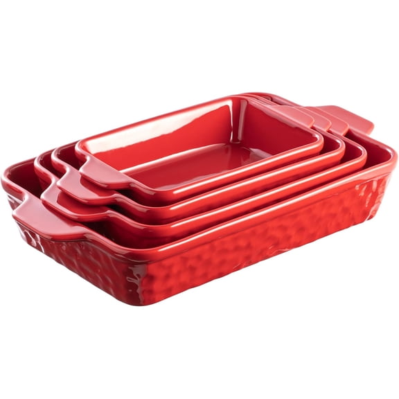 Ceramic Casserole Dish Set of 4 Rectangular Baking Pans with Handles in Red