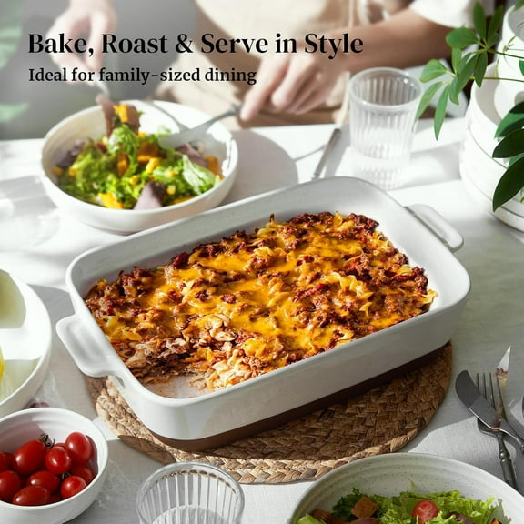 Ceramic Casserole Dish for Oven, 9x13 Deep Lasagna Pan, Large Baking Dish with Handles, 4.3 Quarts and Oven Safe Pan, Alabaster White