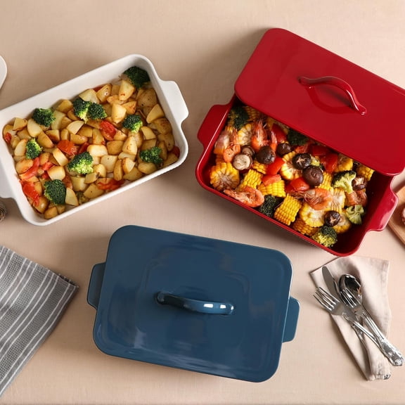 Ceramic Casserole Dish with Lid, 9x13 Inch Rectangular Baking Pan for Oven, Microwave & Freezer Safe, Red