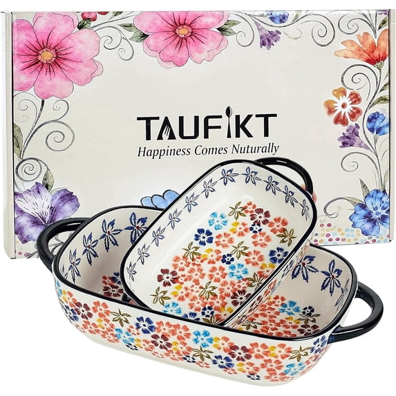 Ceramic Casserole Dishes for Oven, Hand-painted Polish Pottery Baking Dish Set of 2, 0.8QT / 2QT Porcelain Casserole Dish with Handles, Baking Pan Lasagna Pan, Gift for Family/Friend (Yellow)
