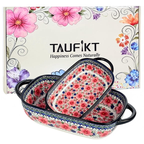 Ceramic Casserole Dishes for Oven, Hand-painted Polish Pottery Baking Dish Set of 2, 0.8QT / 2QT Porcelain Casserole Dishes with Handles, Baking Pan Lasagna Pan, Gift for Family/Friend (Red)