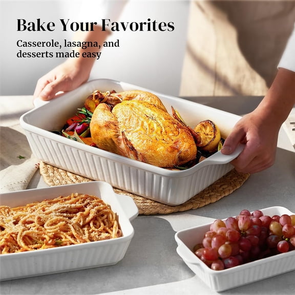 Ceramic Casserole Dishes Set of 3, White Baking Dish with Handles for Oven, Lasagna Pan Deep Rectangular Bakeware for Kitchen Wedding Gift