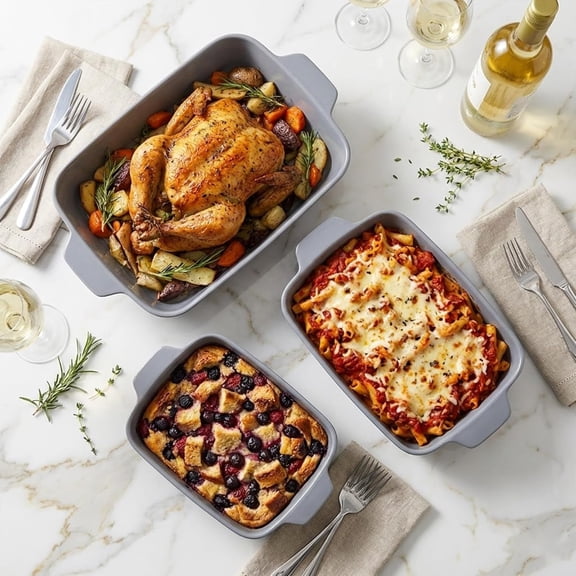 Ceramic Casserole Dishes for Oven Set of 3 Pcs Rectangular Bakeware with Handle
