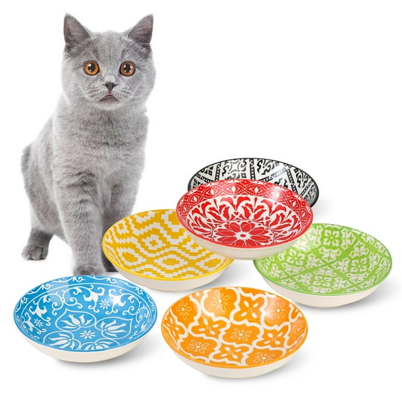 Ceramic Cat Bowl Set - 5.5 inch Colorful Cat Plates  - Shallow Flat Pet Dish Bowls - 6 Piece